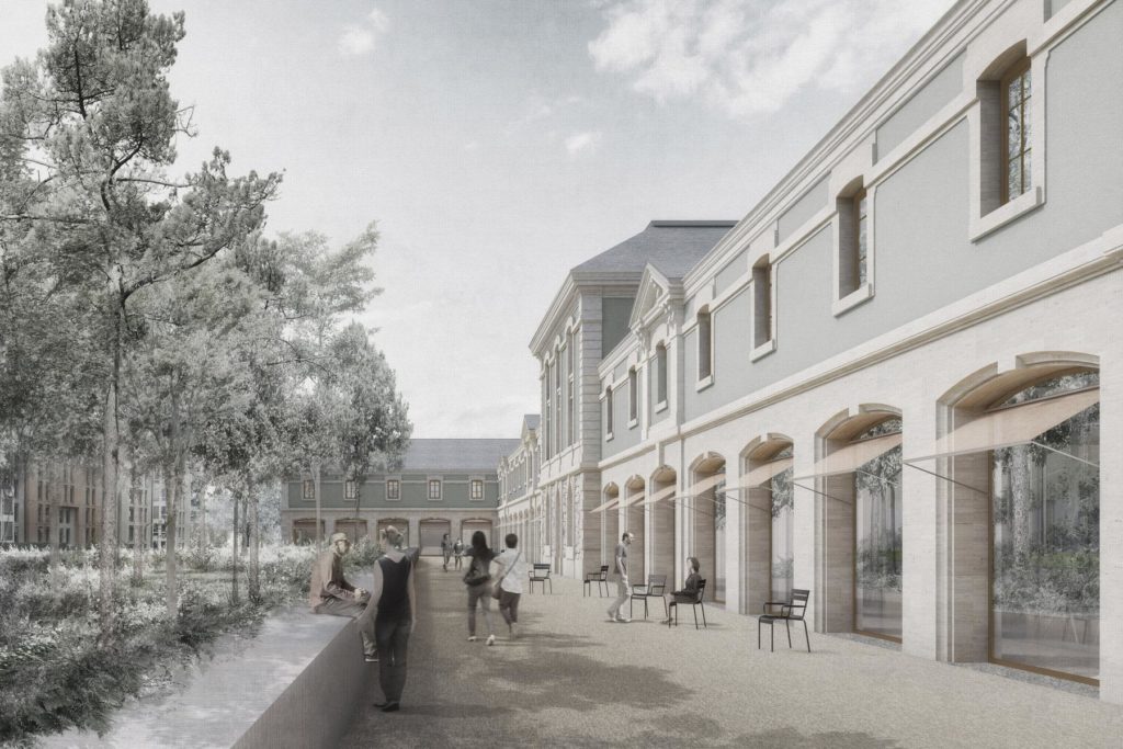 Image de synthèse de la cour et de la façade intérieure du futur Hôtel des archives
